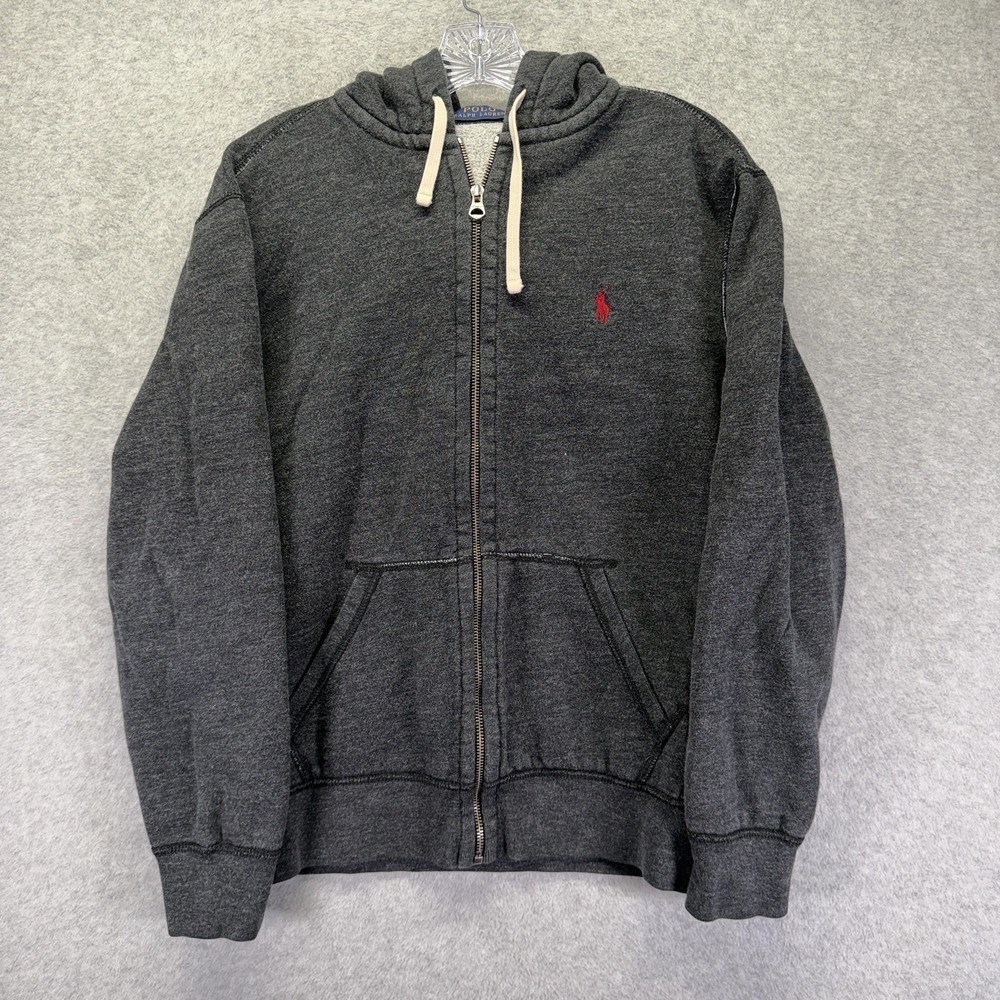 Polo Ralph Lauren Hoodie Mens Medium Gray Full Zip Fleece Pony Thermal Hood
